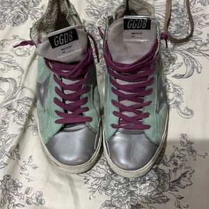 Golden goose light green suede with silver. Size 39